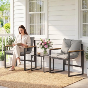 Set bistro 3 piese gradina, masa 40x40x40 cm si 2 scaune 64x62x68 cm, cadru metal antirugina, textilena, perne 10 cm, blat sticla calita, negru si teak - Verificat A · Re-Bloom - Img 2