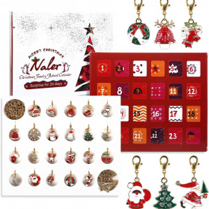 Set calendar de advent Naler, model de Craciun, 24 piese, carton/metal, multicolor, 20 x 17,5 x 1,5 cm