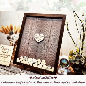 Set de carte de oaspeti cu 100 inimioare, tabla si cutie Neamon, lemn/hartie/acril, natur/maro inchis, 38,6 x 30,9 cm