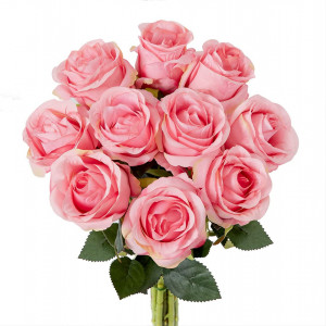 Set de 10 trandafiri artificiali Hawesome, matase/plastic, verde/roz 54 cm - Img 8