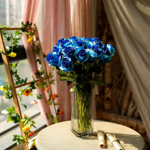 Set de 10 trandafiri artificiali Hawesome, matase/plastic, verde/albastru inchis, 54 cm - Img 6