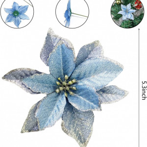 Set de 12 flori cu sclipici pentru bradul de Craciun Crazy Night, albastru, textil, 5,1 cm - Img 7