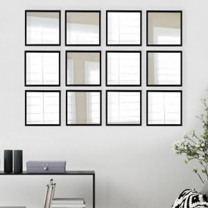 Set de 12 oglinzi decorative Ebern Designs, plastic laminat/sticla, negru, 24 x 24 cm 