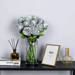 Set de 12 trandafiri artificiali Hawesome, matase/plastic, argintiu/verde, 52 x 7 cm - Img 4