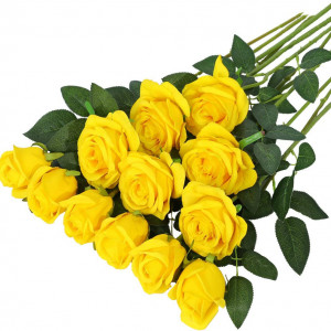 Set de 12 trandafiri artificiali Hawesome, matase/plastic, galben/verde, 52 x 7 cm - Img 1