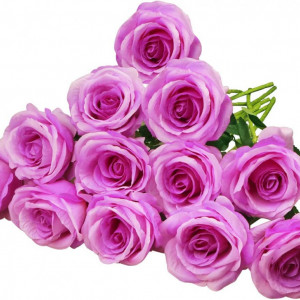 Set de 12 trandafiri artificiali YiYa, metal/plastic/matase, verde/roz, 51 cm