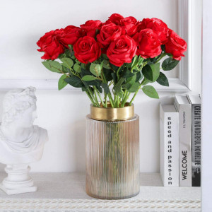 Set de 12 trandafiri artificiali YiYa, plastic/matase/metal, rosu, 45 cm - Img 5
