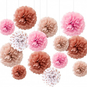 Set de 14 decoratiuni pompoms BoBostarky, hartie, rose, 20 cm / 25 cm / 30 cm