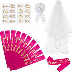 Set de 15 accesorii pentru petrecere mireasa Naler, plastic/textil, alb/auriu/roz