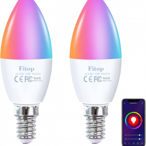 Set de 2 becuri inteligente E14 Fitop, 4,9 W,470LM + RGB 16 milioane de culori, Control APP, compatibil cu Alexa / Google Home, control vocal, 114 X 39 mm - Img 1