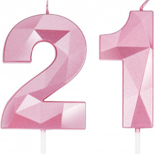 Set de 2 lumanari pentru aniversare 21 ani PARTY GO, model diamant, ceara, roz, 7 cm