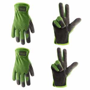 Set de 2 perechi de manusi pentru gradinarit FACELANDY, piele, gri/verde, XL