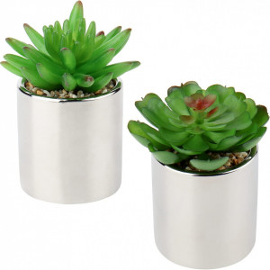 Set de 2 plante artificiale in ghiveci Briful, plastic/ceramica, argintiu/verde, 6,6 x 10,9 cm - Img 1