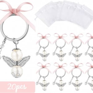 Set de 20 brelocuri cu pandativ inger pentru cadou de botez/nunta ABSOFINE, metal/organza, argintiu/roz/alb, 5,8 cm 