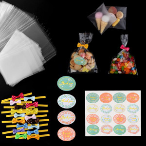 Set de 200 pungi pentru dulciuri, 40 snururi si 10 foi cu stickere ASTARON, plastic, multicolor, 10/15 cm - Img 1