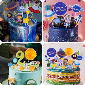 Set de 21 decoratiuni pentru tort Jiuwtence, tematica astronauti, hartie, multicolor - Img 6