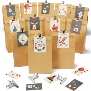 Set de 24 pungi cu autocolante si clipsuri pentru calendar de advent DazSpirit, hartie, metal, maro, 21,5  x 12  x 7 cm 