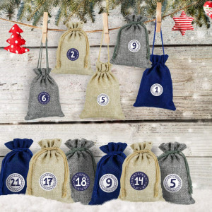 Set de 24 saculeti cu autocolante pentru calendar de advent Naler, textil/hartie, albastru/gri/bej, 10 x 14 cm/ 4 cm - Img 2