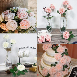 Set de 30 trandafiri artificiali EQLEF, spuma, fildes/roz, 28,5 x 20 cm - Img 6