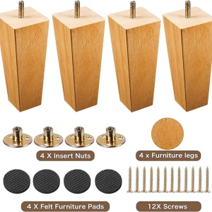 Set de 4 picioare pentru mobilier Hanmfei, lemn masiv/metal, natur, 12,5 x 6 cm 