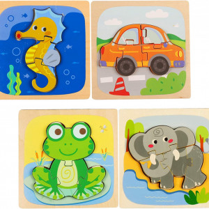 Set de 4 puzzle-uri pentru copii 1-4 ani ZERHOK, lemn, multicolor, 15 x 15 cm - Img 1
