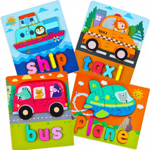 Set de 4 puzzle-uri pentru copii BBLIKE, 3D, lemn, multicolor, 14,5 x 18 cm