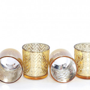 Set de 4 suporturi pentru lumanari Flanacom, sticla, auriu, 7 x 8 cm - Img 1