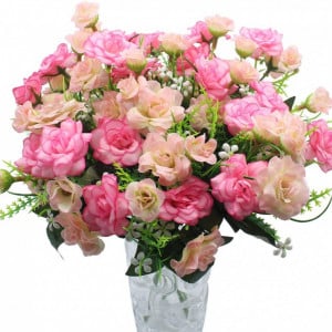 Set de 4 trandafiri artificiali JaneYi , verde/ roz, matase/ plastic