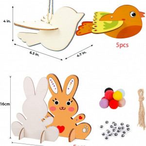 Set de 5 iepuri, 5 pasari si accesorii pentru decorat Yitla, lemn/plastic/textil, multicolor - Img 6