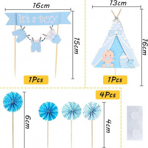 Set de 6 decoratiuni pentru tort Kuaowt, lemn/hartie, albastru - Img 7