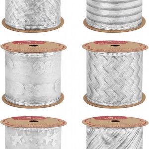 Set de 6 role de panglica pentru cadouri de Craciun Jodsen, textil, argintiu, 6 m x 63 mm