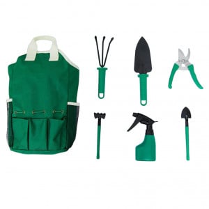 Set de 6 unelte pentru gradinarit si o geanta de depozitare KJK, plastic/metal, negru/verde