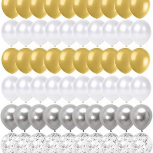 Set de 60 baloane si 4 role de panglica Elion, alb/argintiu/auriu, latex, 30 cm - Img 4