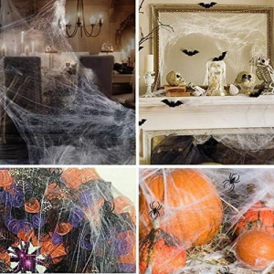 Set de 60 paianjeni si o panza decorativa pentru Halloween Fohyloy, plastic, alb/negru