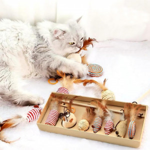 Set de 7 jucarii interactive pentru pisici Ryphal, textil/lemn, multicolor