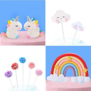 Set de accesorii pentru decor tort Wellxunk, model unicorn, lut/rasina, multicolor, 11 bucati