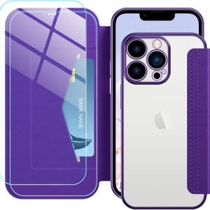 Set de husa si 2 folii de protectie ecran pentru iPhone 13 Pro Max Petocase, piele PU/sticla securizata, violet, 6,7 inchi