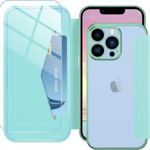 Set de husa si 2 folii de protectie ecran pentru iPhone 13 Pro Petocase, piele PU/sticla securizata, verde menta, 6,1 inchi