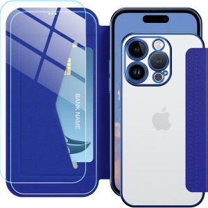 Set de husa si 2 folii de protectie ecran pentru iPhone 14 Pro Petocase, piele PU/sticla securizata, albastru, 6,1 inchi