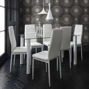 Set de living Gorge masă cu blat de sticlă + 6 scaune din piele sintetică, alb