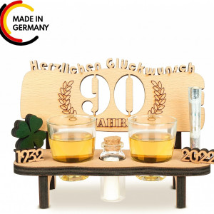Set de pahare si banca cu gravura eleganta pentru aniversare 90 ani Brynnberg, lemn/sticla, natur/transparent