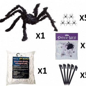 Set de panza de paianjen si 6 paianjeni pentru Halloween Kohmui, alb/negru, bumbac/plastic, 7 x 5,5 m / 75 cm / 4,5 cm - Img 6