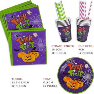 Set de vesela pentru Halloween Yisscen, hartie, multicolor, 48 piese