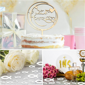 Set decoratiune pentru tort si 45 pestisori LIVESTN, lemn, alb/auriu