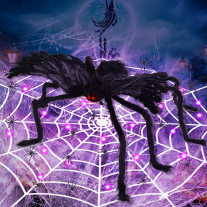 Decor de Halloween iluminat cu panza si paianjen gigant Herefun, plastic/textil, negru/mov