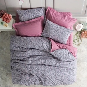 Set husa pilota + fata de perna, bumbac ranforce 100%, 135x200 cm + 80x80 cm, imprimeu pigmentat, nasturi/plic, gri/violet - Verificat A · Re-Bloom