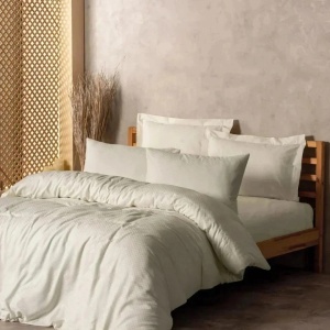 Set husa pilota + fata de perna, bumbac ranforce 100%, 135x200 cm + 80x80 cm, inchidere nasturi, bej - Verificat A · Re-Bloom