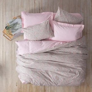 Set husa pilota + fata de perna, bumbac ranforce 100%, 155x220 cm + 80x80 cm, gri/roz - Verificat A · Re-Bloom