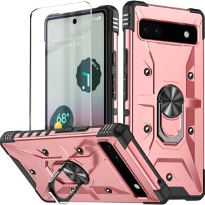 Set husa si folie de protectie pentru Google Pixel 6A Potok, PC/TPU/sticla securizata, roz/negru, 6,1 inchi