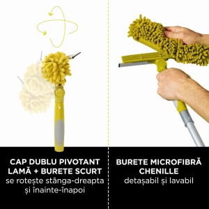 Set maner telescopic cu racleta dubla/pamatuf DocaPole, aluminiu/cauciuc/microfibra, galben/argintiu, 3,6 m - Img 3